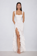 Amelia Lace Ruffle Midi Dress - White