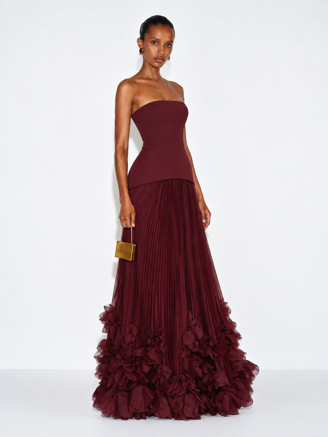 Marbella Floral Pleated Corset Maxi Dress - Burgundy