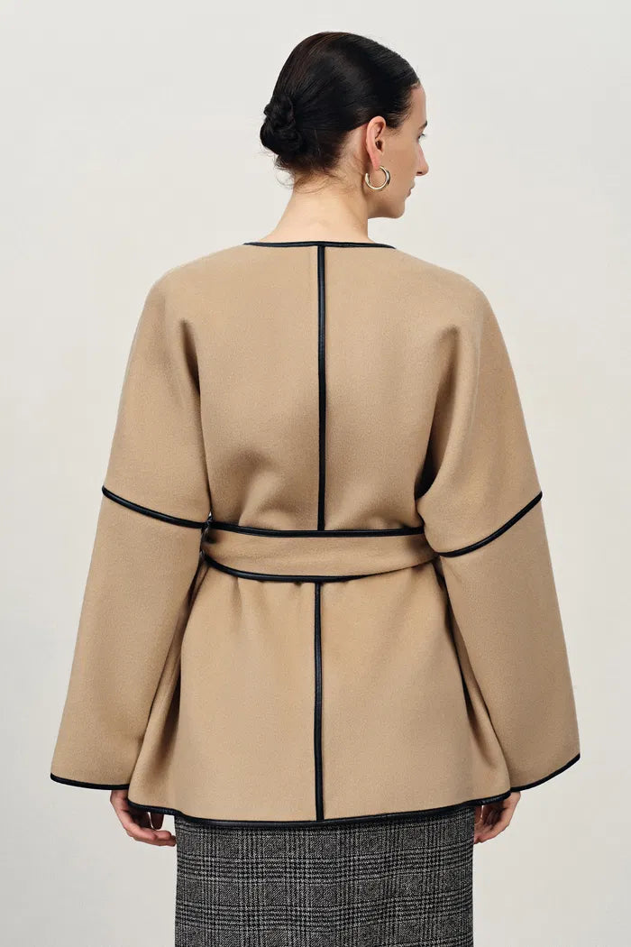Lycoris Leather Trim Double Face Wool Coat in Merino Cashmere
