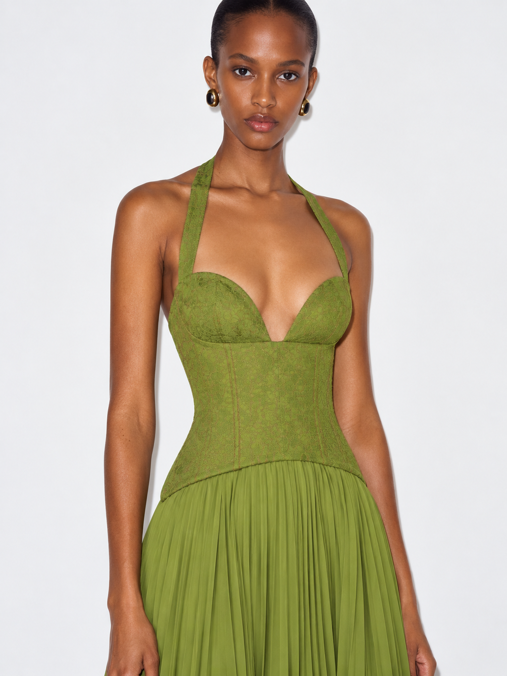 Esra Corset Pleated Maxi Dress - Olive