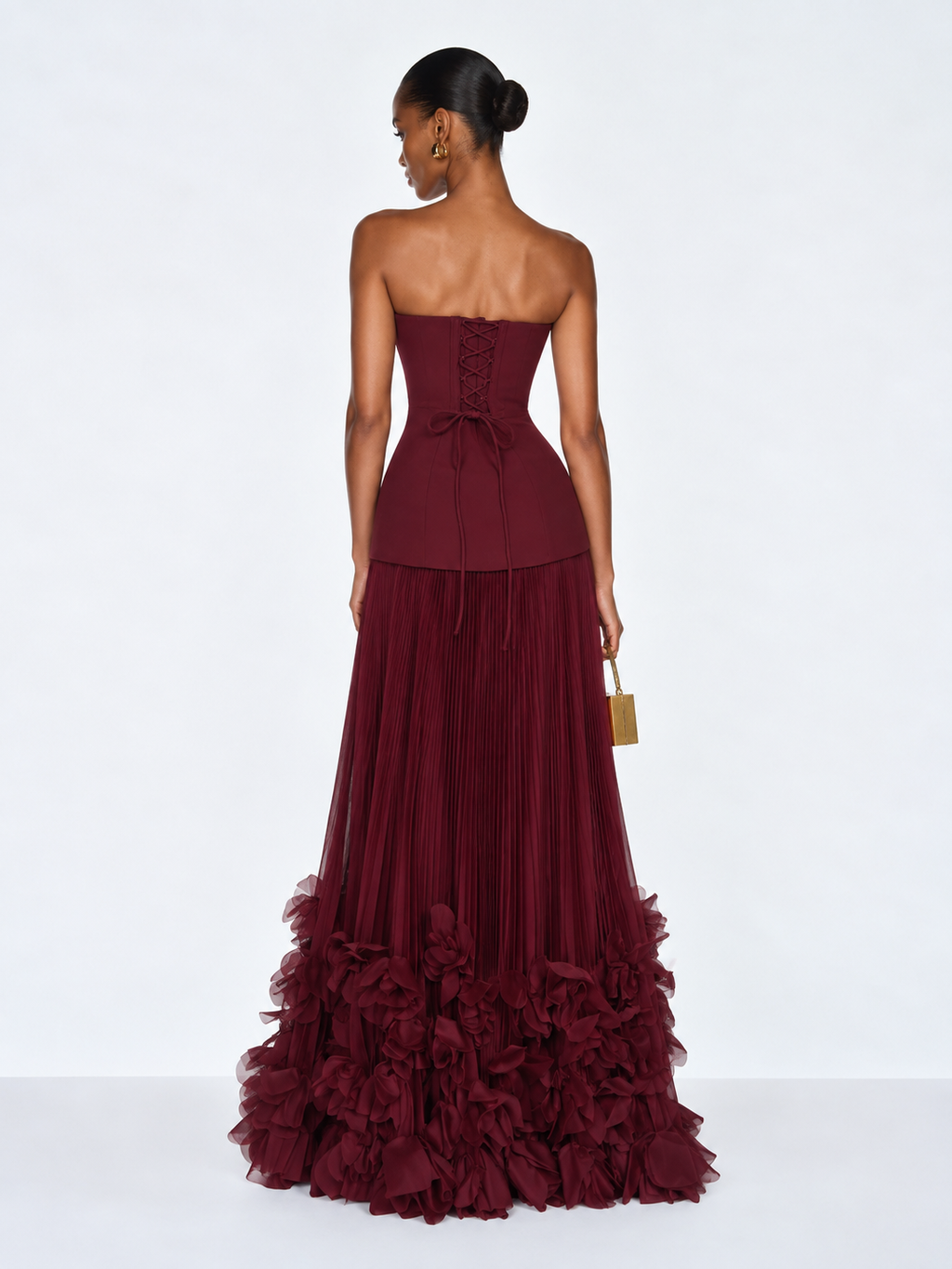 Marbella Floral Pleated Corset Maxi Dress - Burgundy