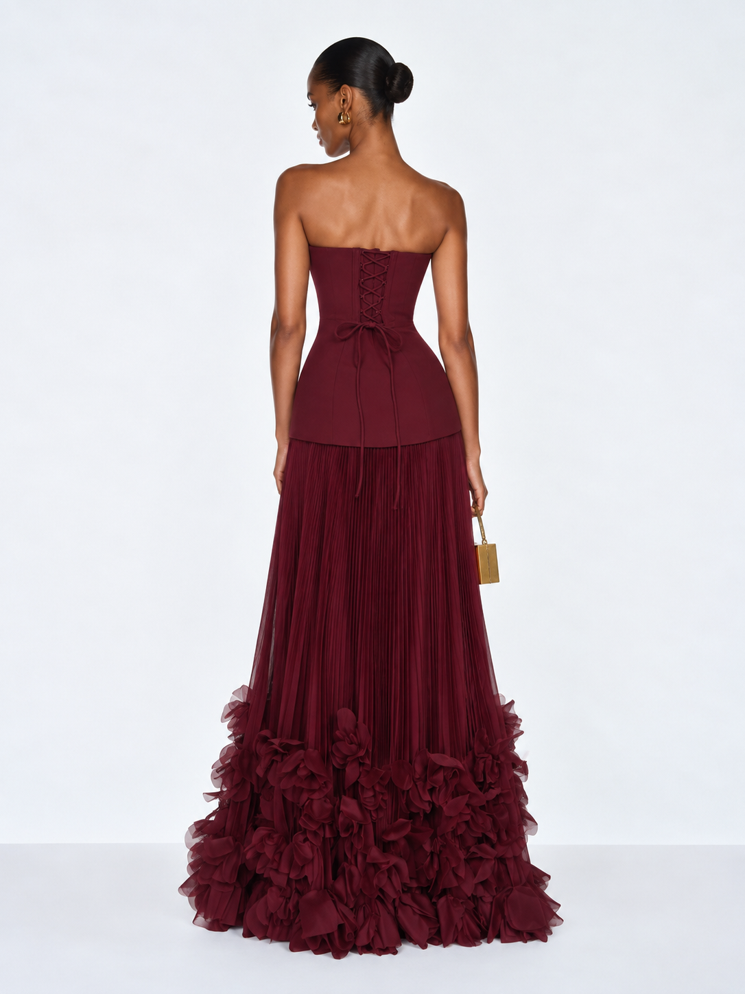 Marbella Floral Pleated Corset Maxi Dress - Burgundy