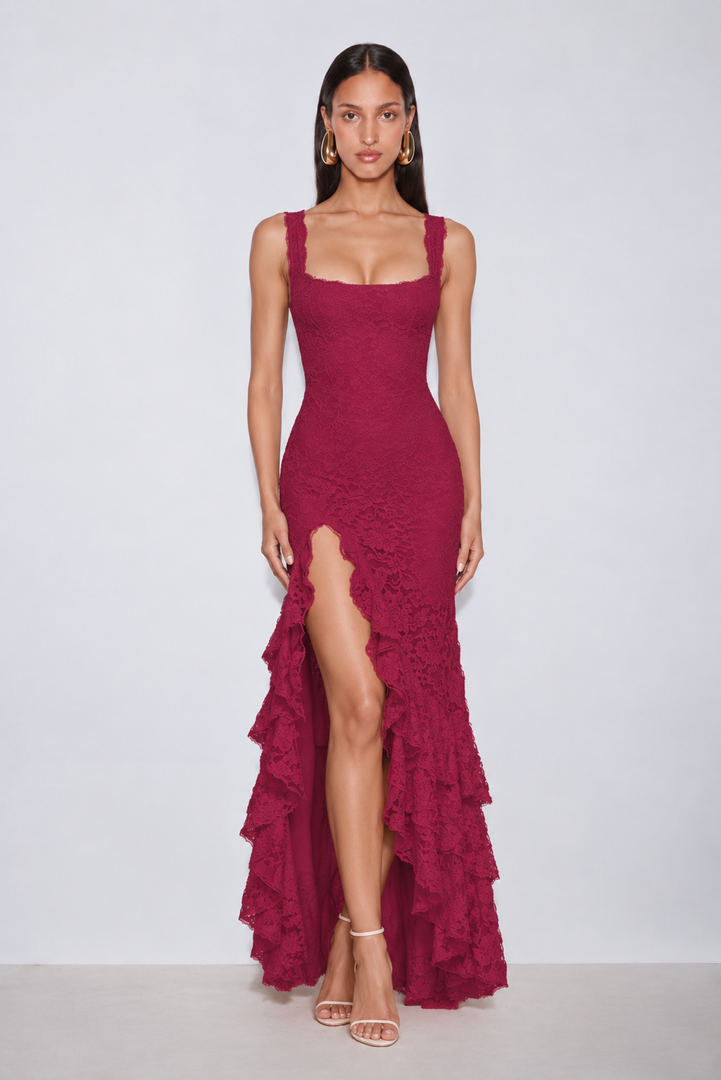 Amelia Lace Ruffle Midi Dress - Red