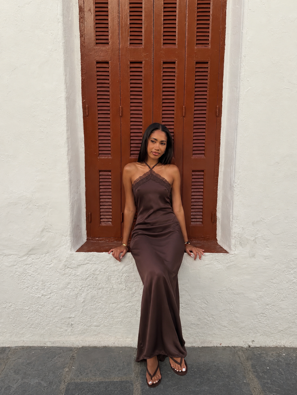 Priya Satin Lace Halter Maxi Dress
