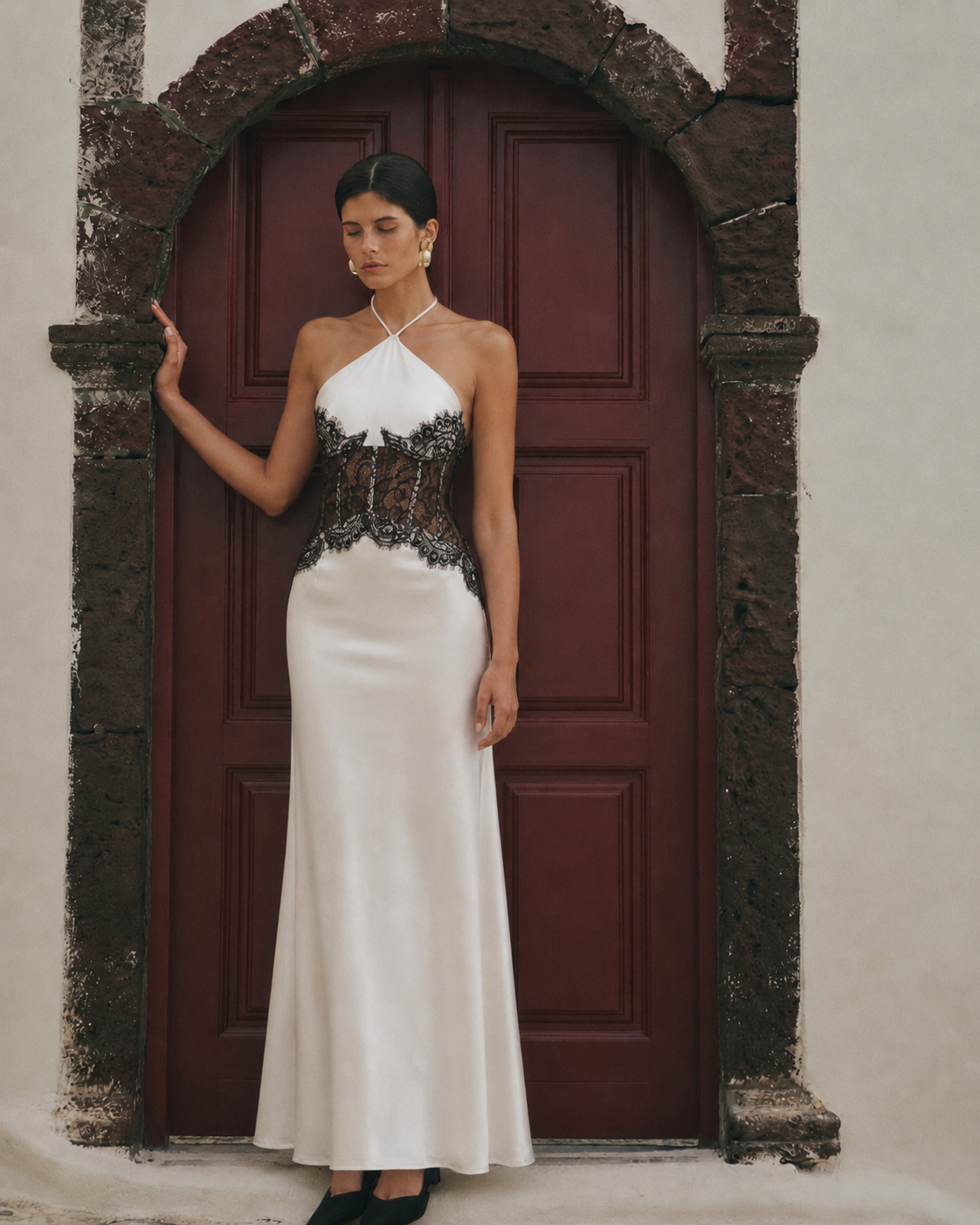 Yulia Satin Halter Lace Maxi Dress