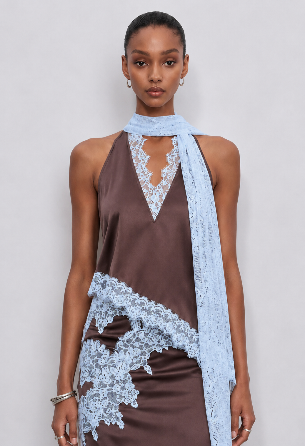 Kelsey Satin Lace Top - Brown
