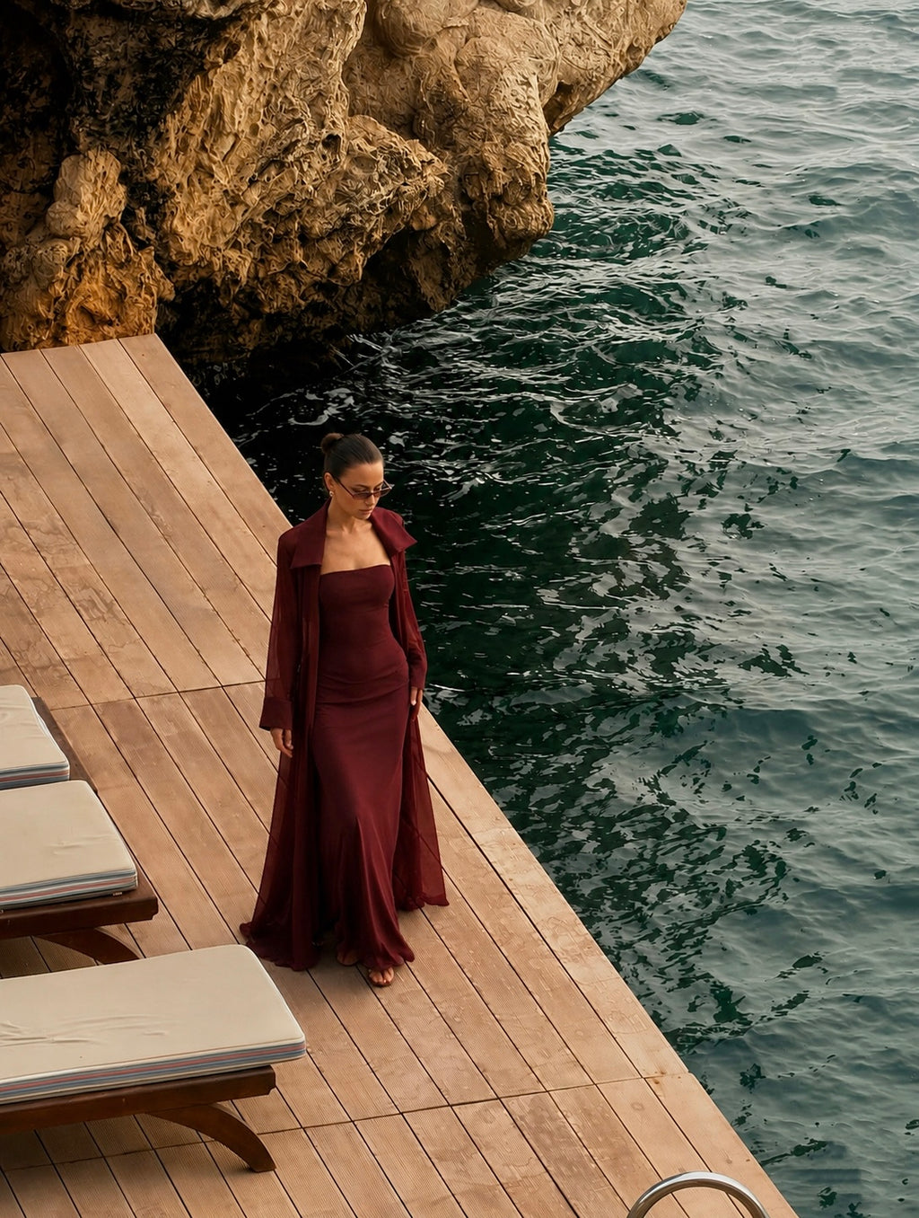Amaya Satin Mesh Maxi Dress Set - Burgundy