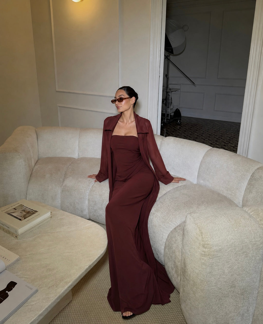 Amaya Satin Mesh Maxi Dress Set - Burgundy