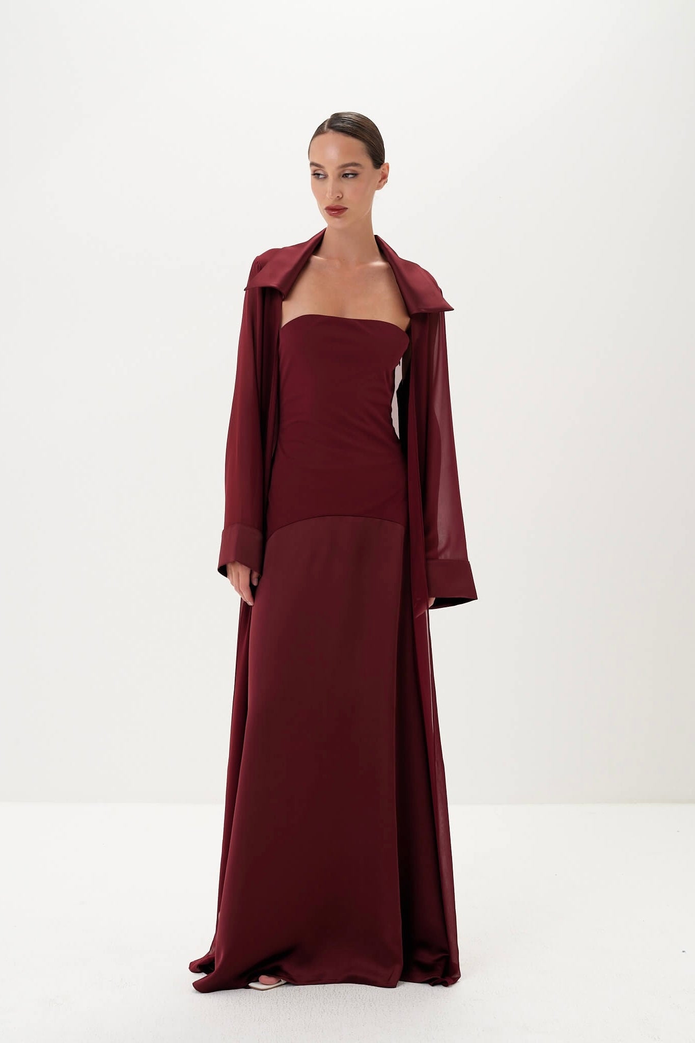 Amira Jacket & Dress Set in Naia™ Satin - Burgundy