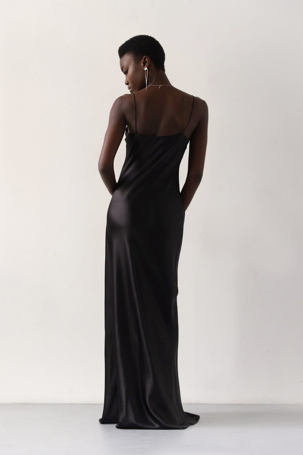 Carolyn Black Silk Satin Maxi Dress: Elegant Scoop Neck Bias Cut Gown