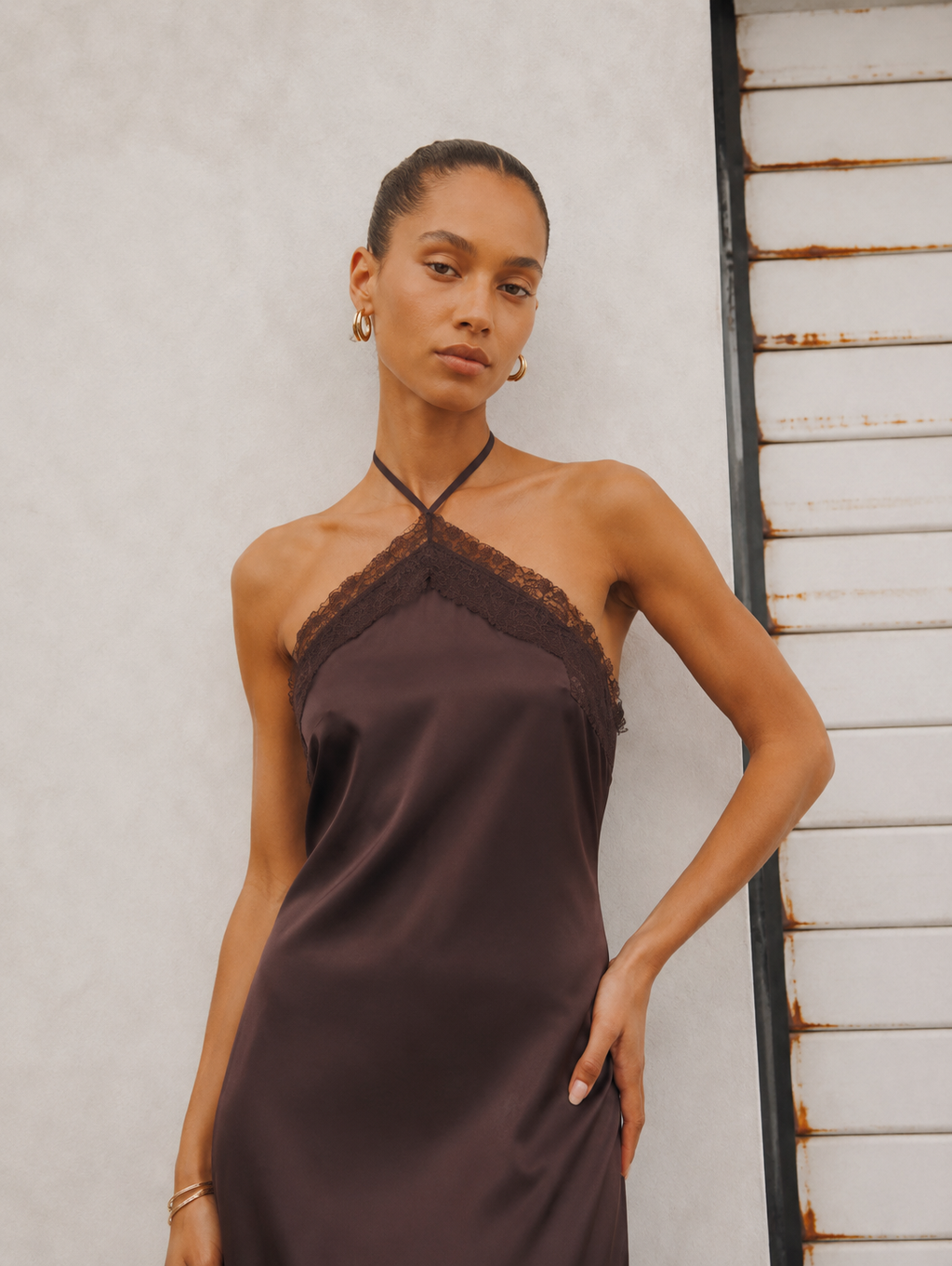 Priya Satin Lace Halter Maxi Dress