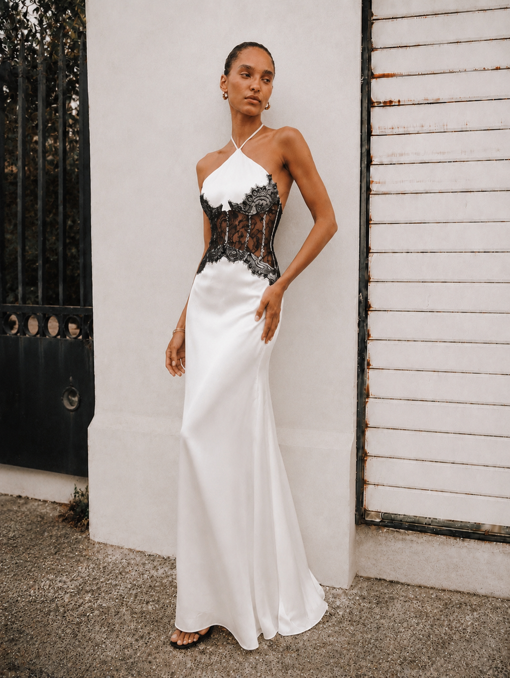 Yulia Satin Halter Lace Maxi Dress