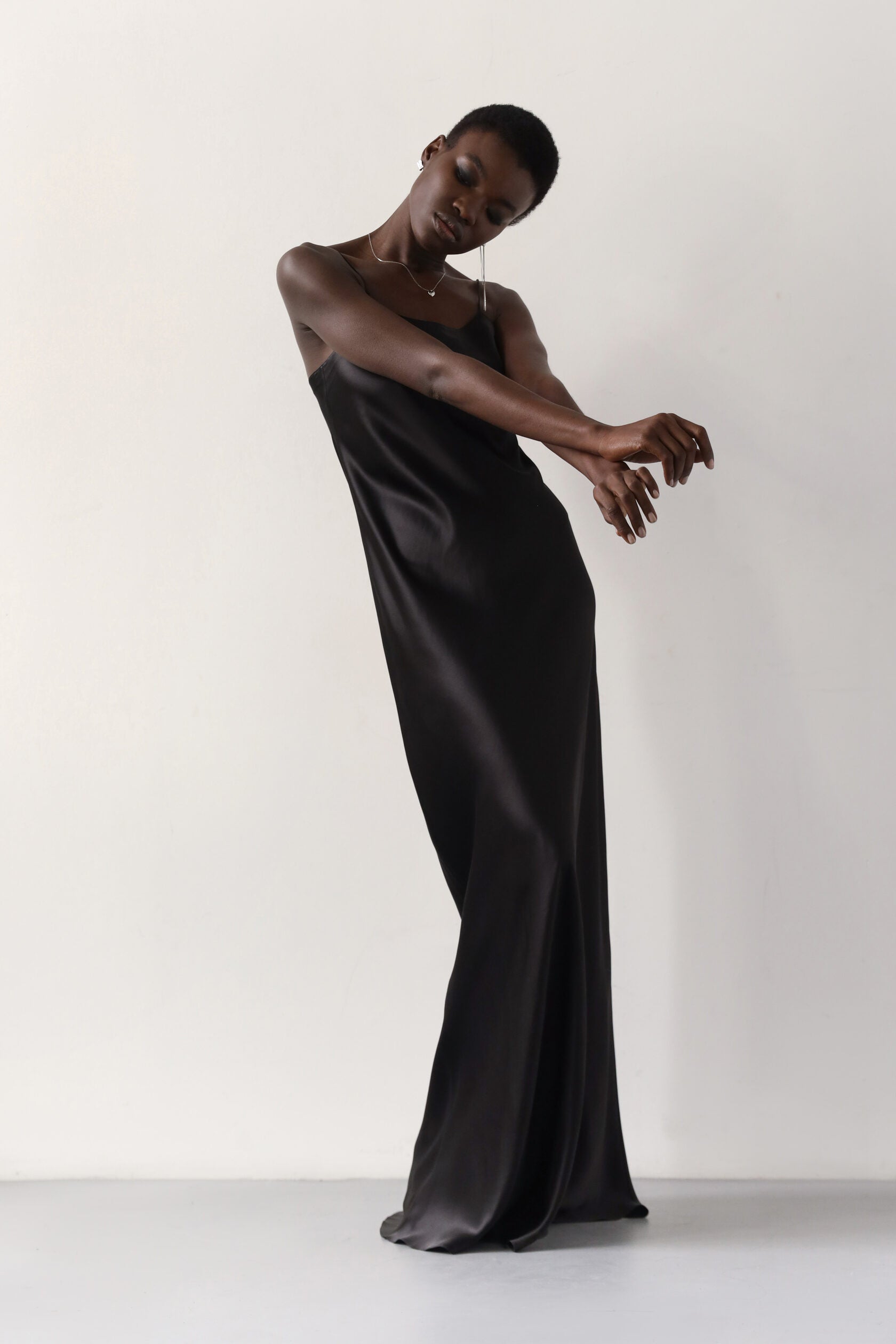 Carolyn Black Silk Satin Maxi Dress: Elegant Scoop Neck Bias Cut Gown