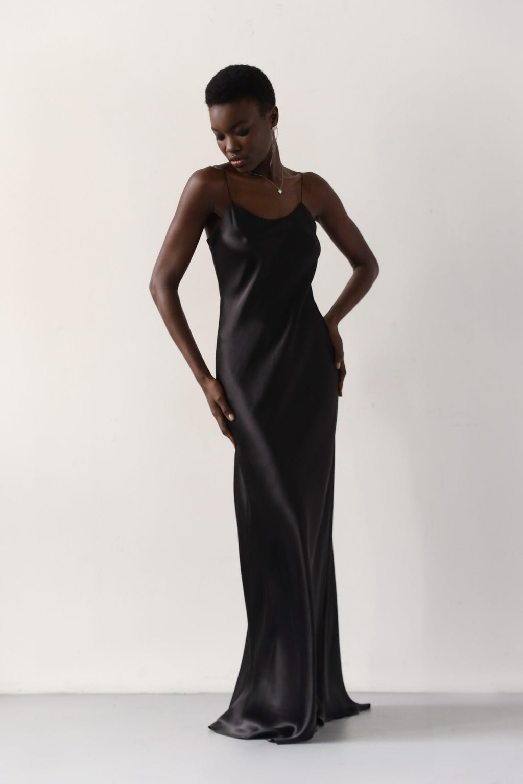 Carolyn Black Silk Satin Maxi Dress: Elegant Scoop Neck Bias Cut Gown