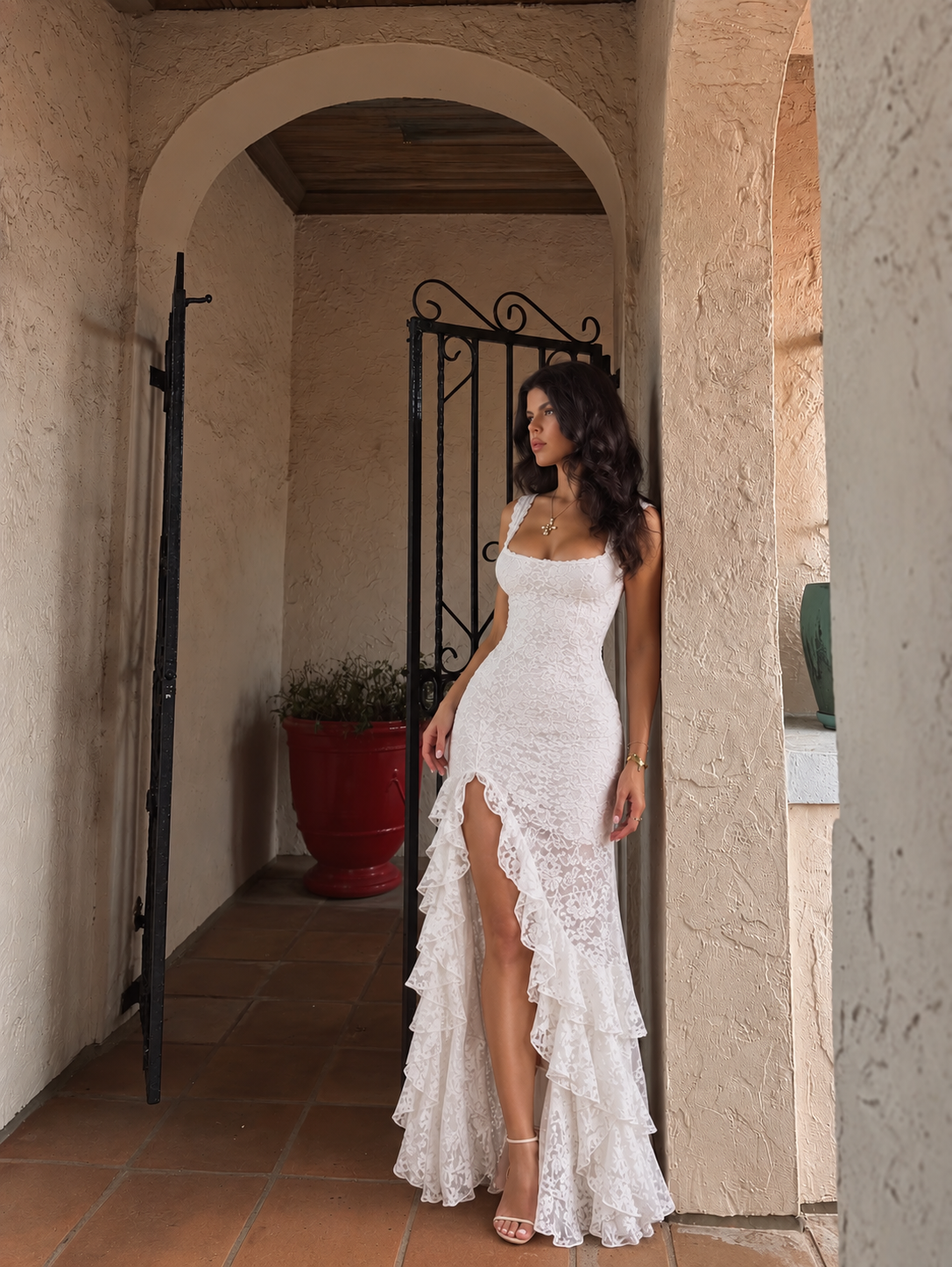 Amelia Lace Ruffle Midi Dress - White