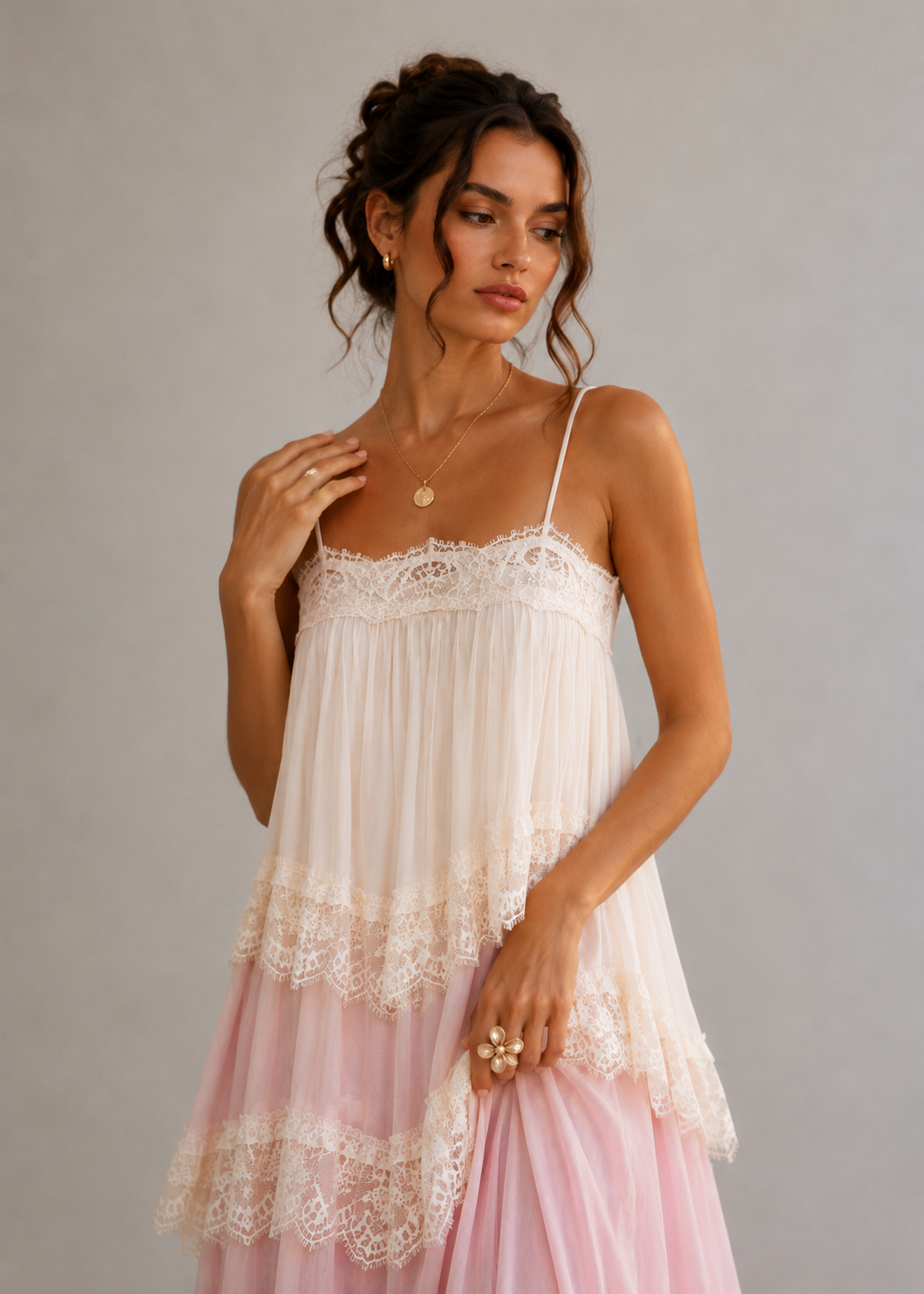 Joyce Lace Tiered Maxi Dress - Pink