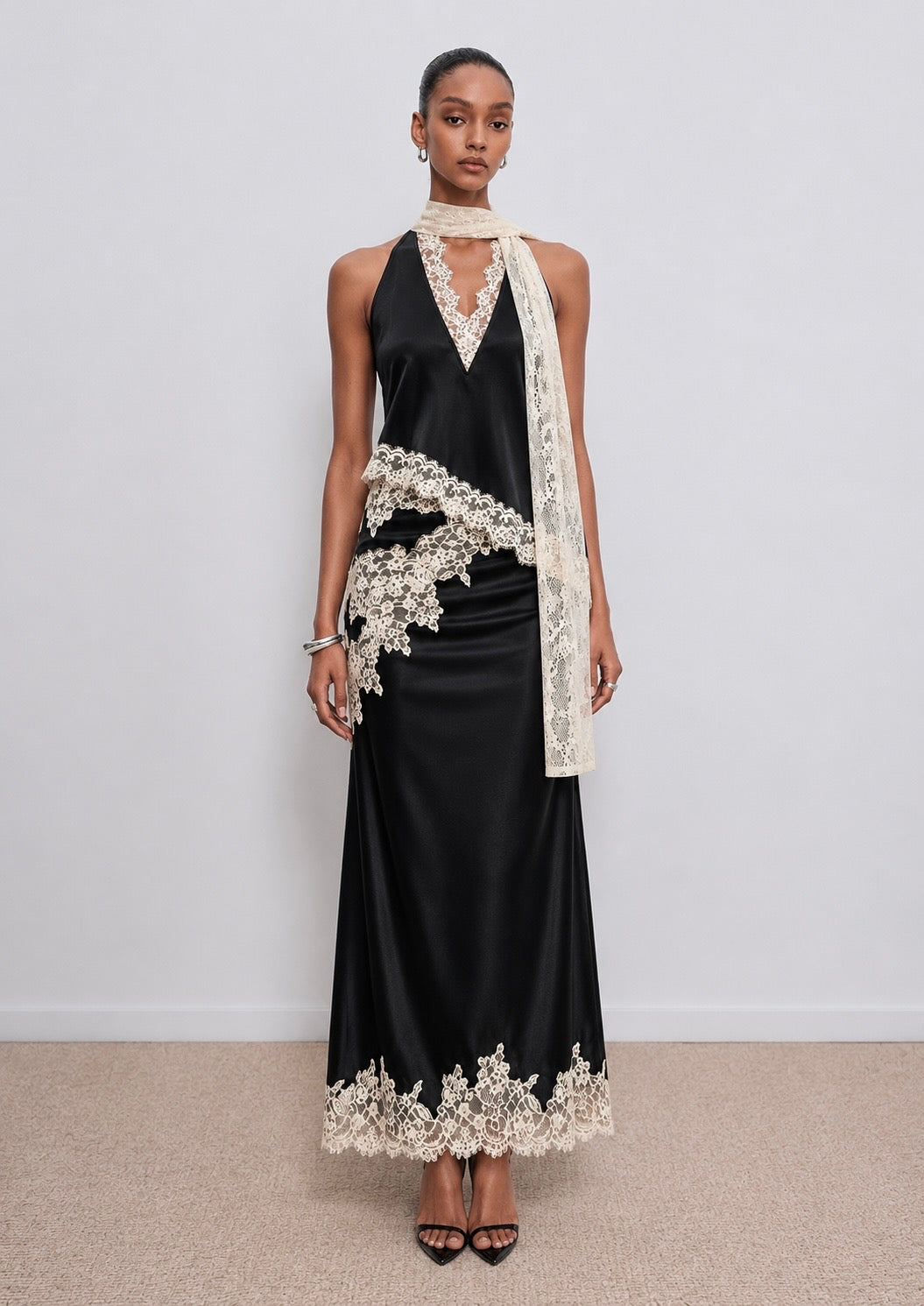 Kelsey Satin Lace Top - Black