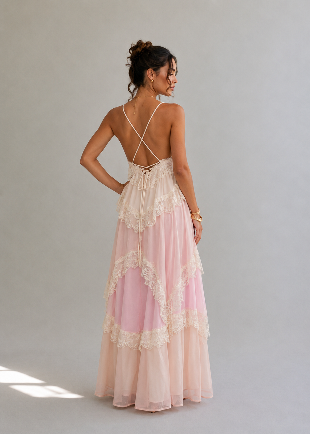 Joyce Lace Tiered Maxi Dress - Pink