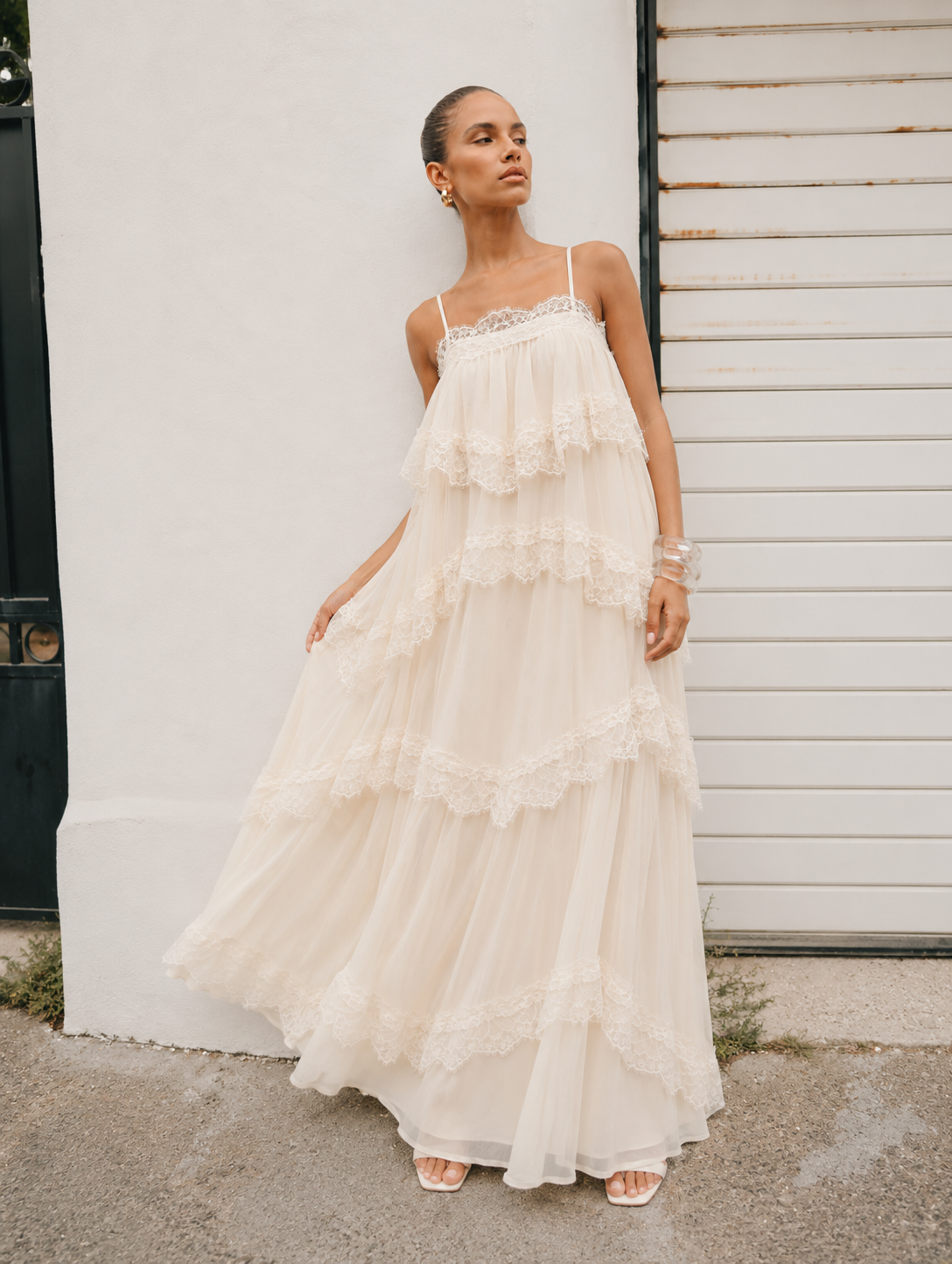 lace tiered maxi dress Halla Neutral Tiered Floral Lace Maxi Dress