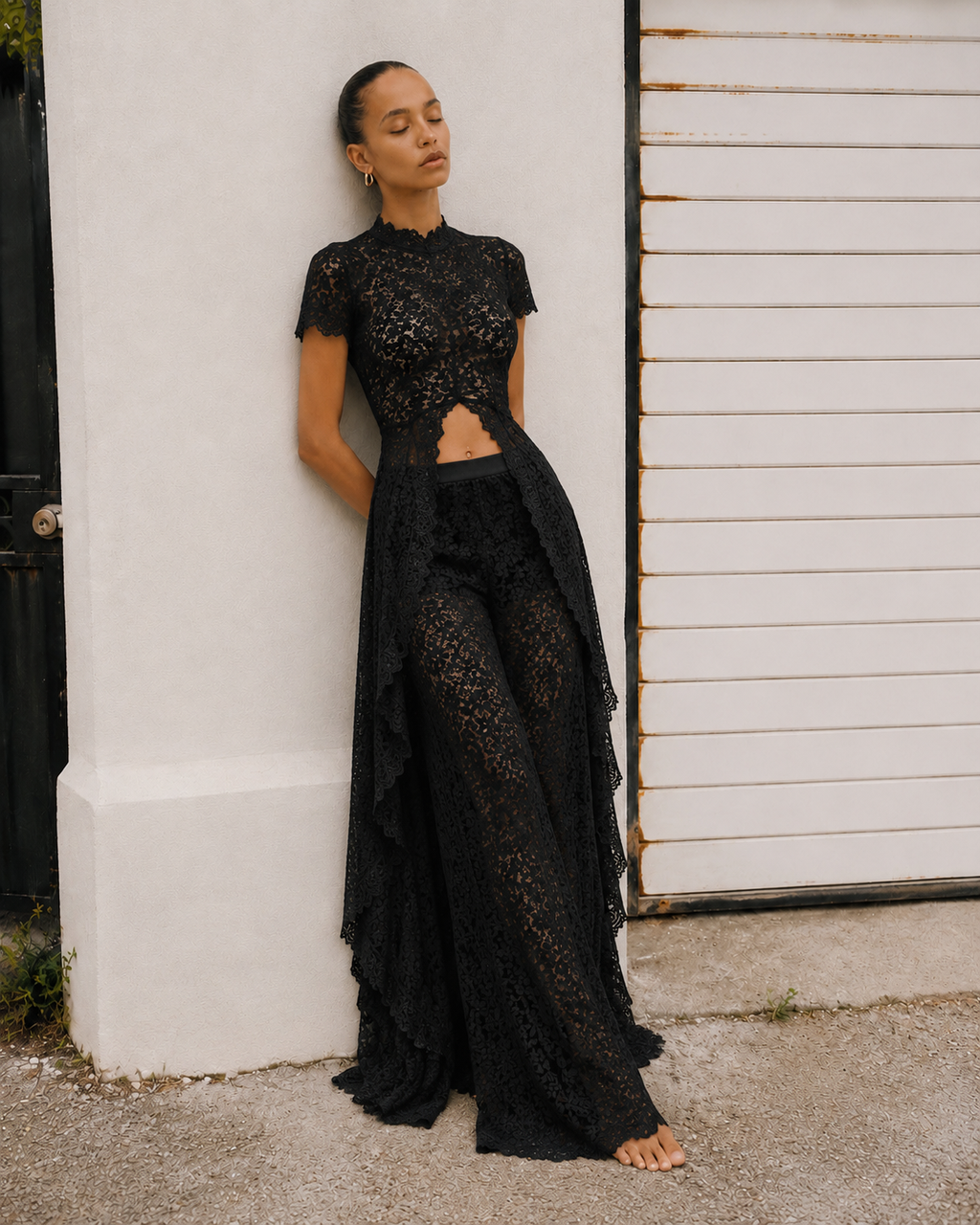 Loana Lace Top & Pants Set - Black