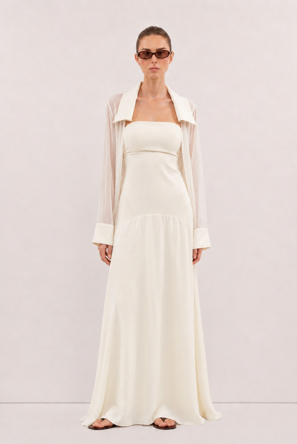 Amaya Satin Mesh Maxi Dress Set - Ivory