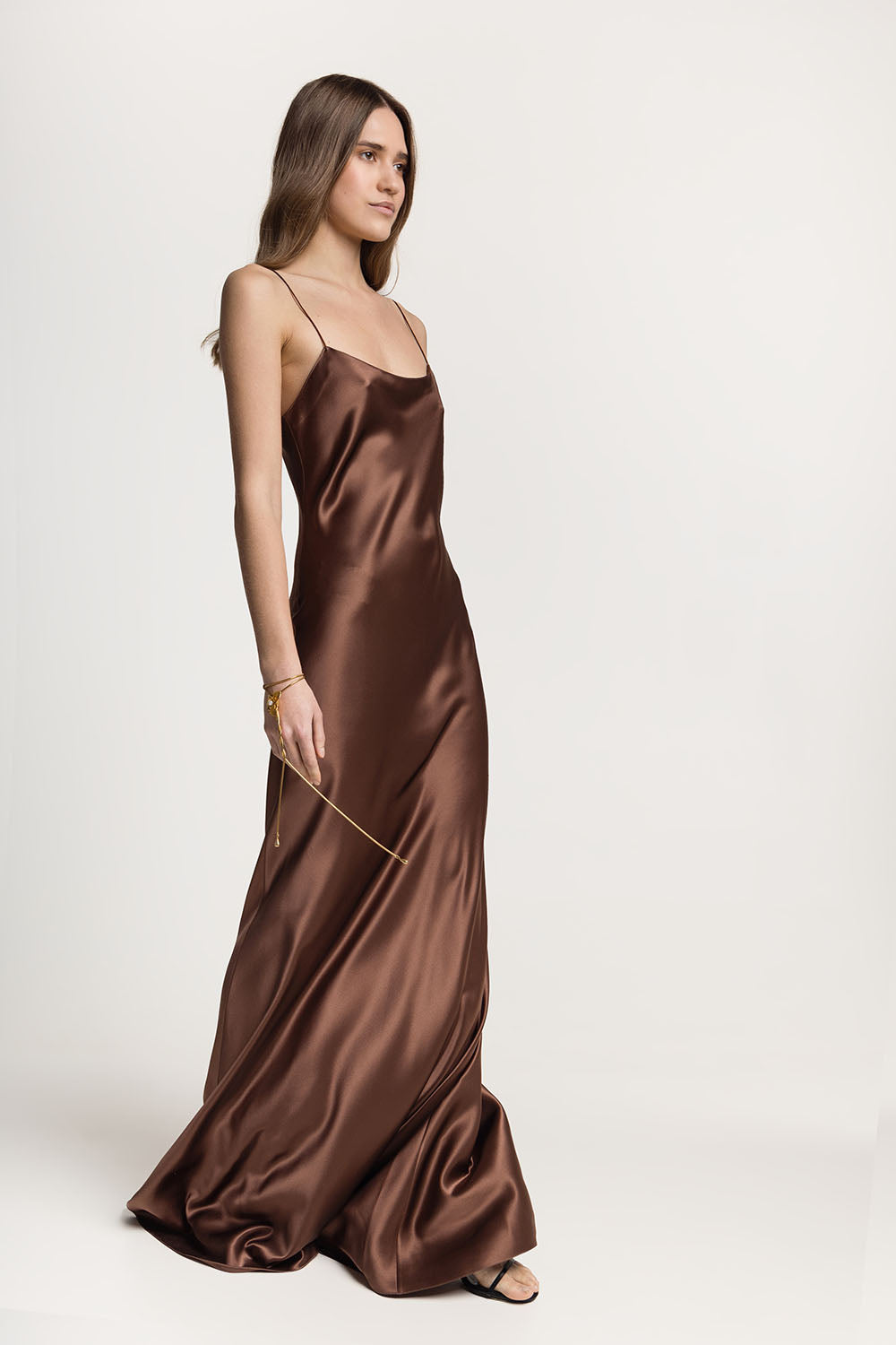 chocolate maxi silk dress with scoop neck