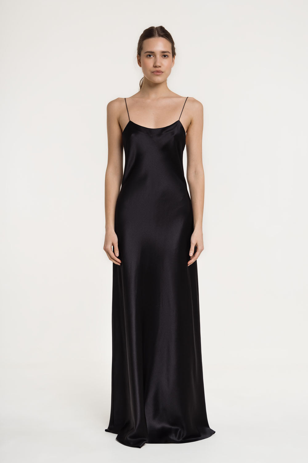 Carolyn Black Silk Satin Maxi Dress: Elegant Scoop Neck Bias Cut Gown