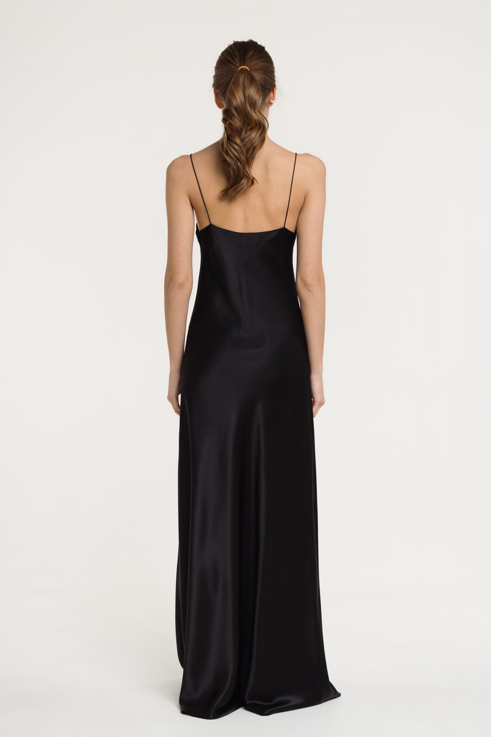 Carolyn Black Silk Satin Maxi Dress: Elegant Scoop Neck Bias Cut Gown