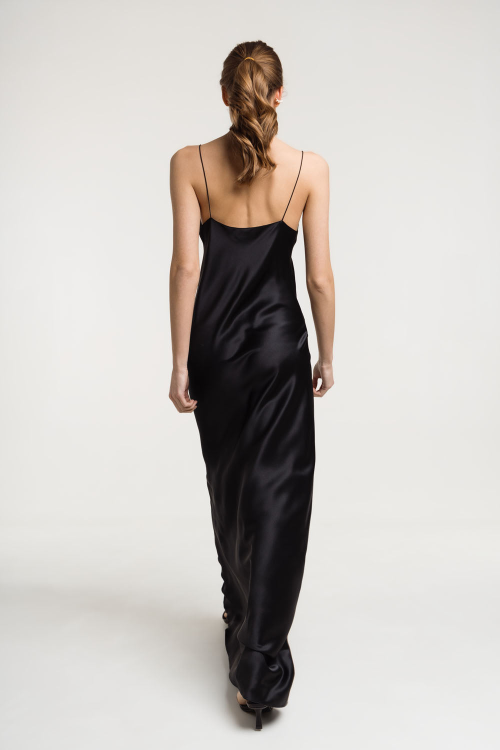 Carolyn Black Silk Satin Maxi Dress: Elegant Scoop Neck Bias Cut Gown