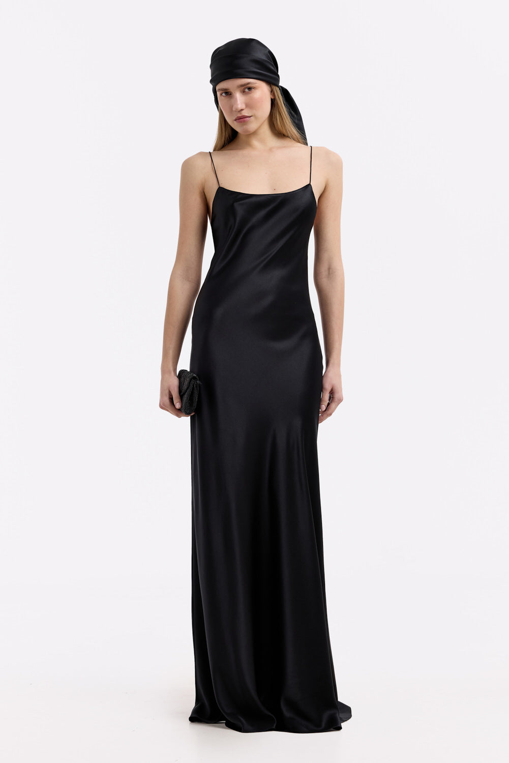 Carolyn Black Silk Satin Maxi Dress: Elegant Scoop Neck Bias Cut Gown