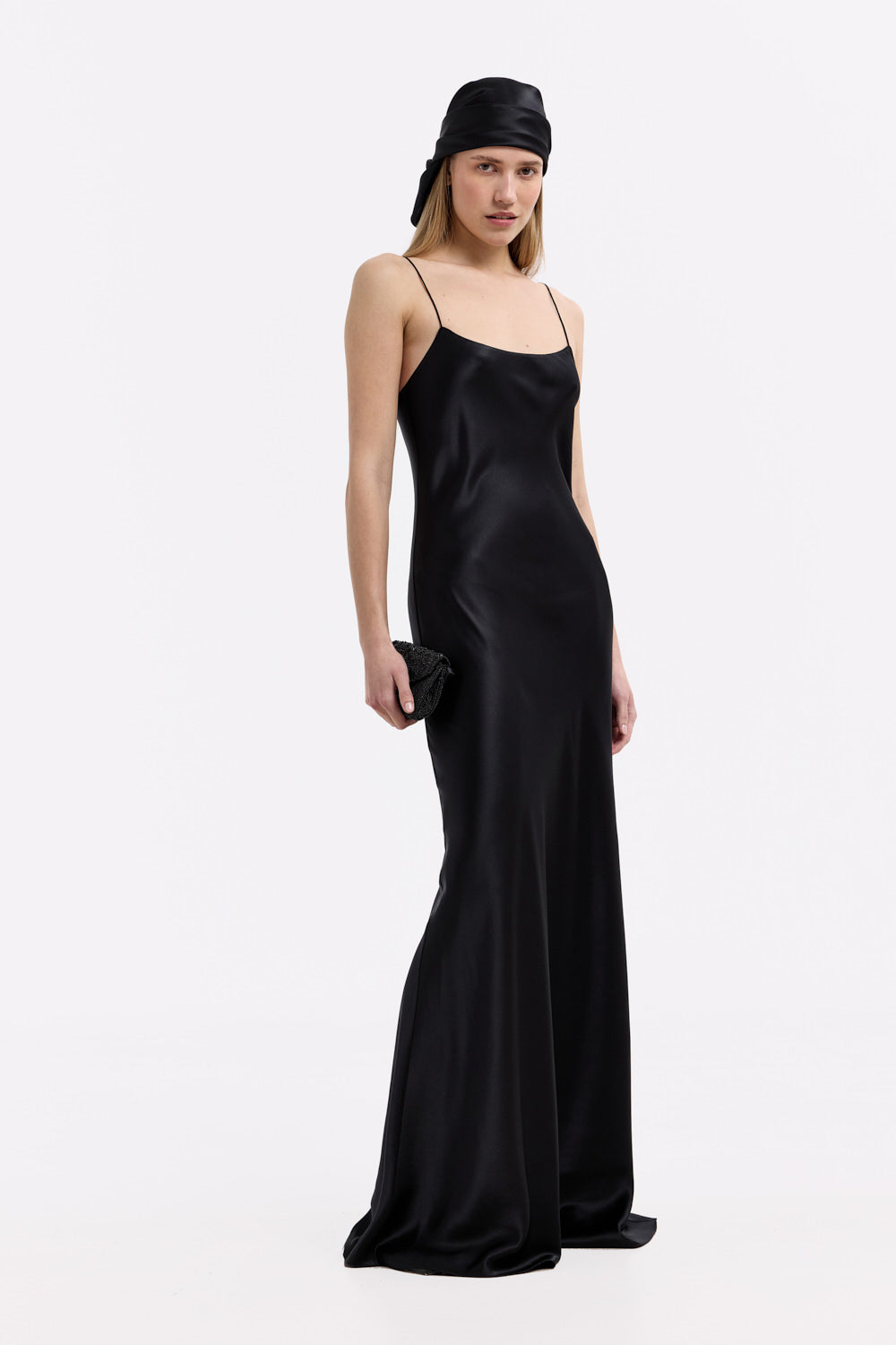 Carolyn Black Silk Satin Maxi Dress: Elegant Scoop Neck Bias Cut Gown