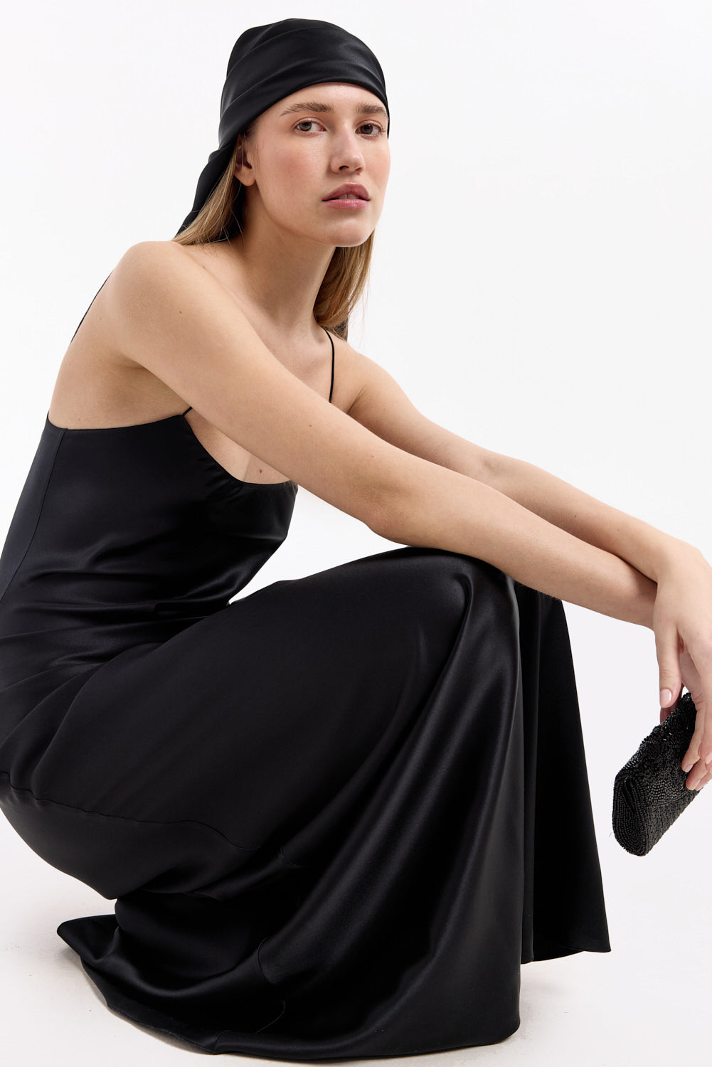 Carolyn Black Silk Satin Maxi Dress: Elegant Scoop Neck Bias Cut Gown