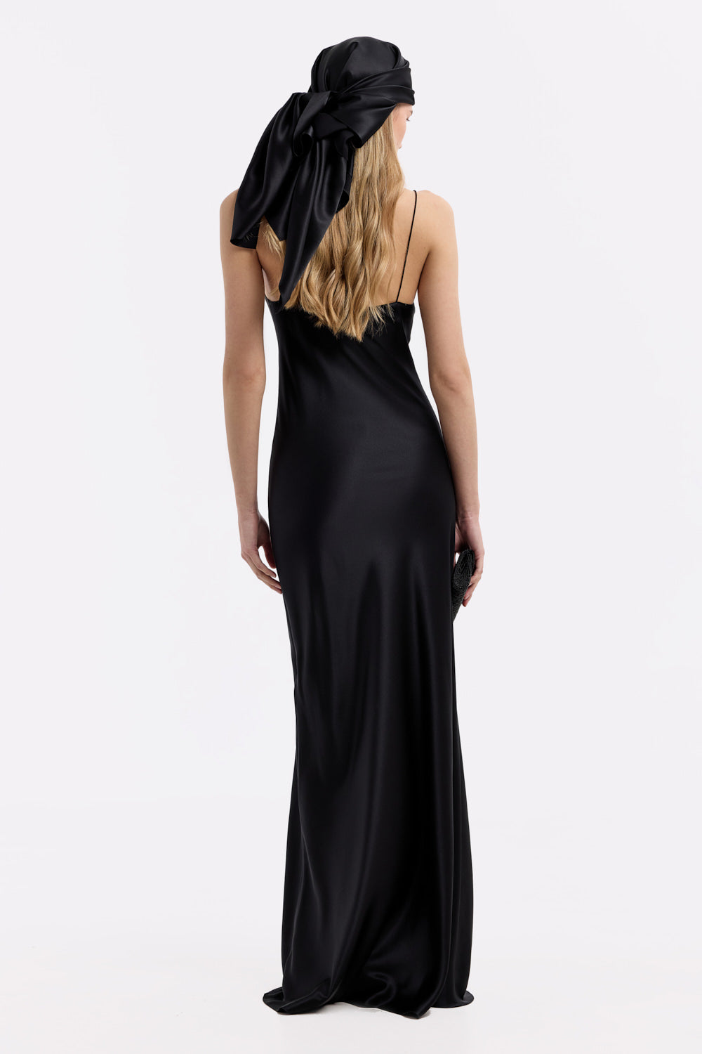 Carolyn Black Silk Satin Maxi Dress: Elegant Scoop Neck Bias Cut Gown