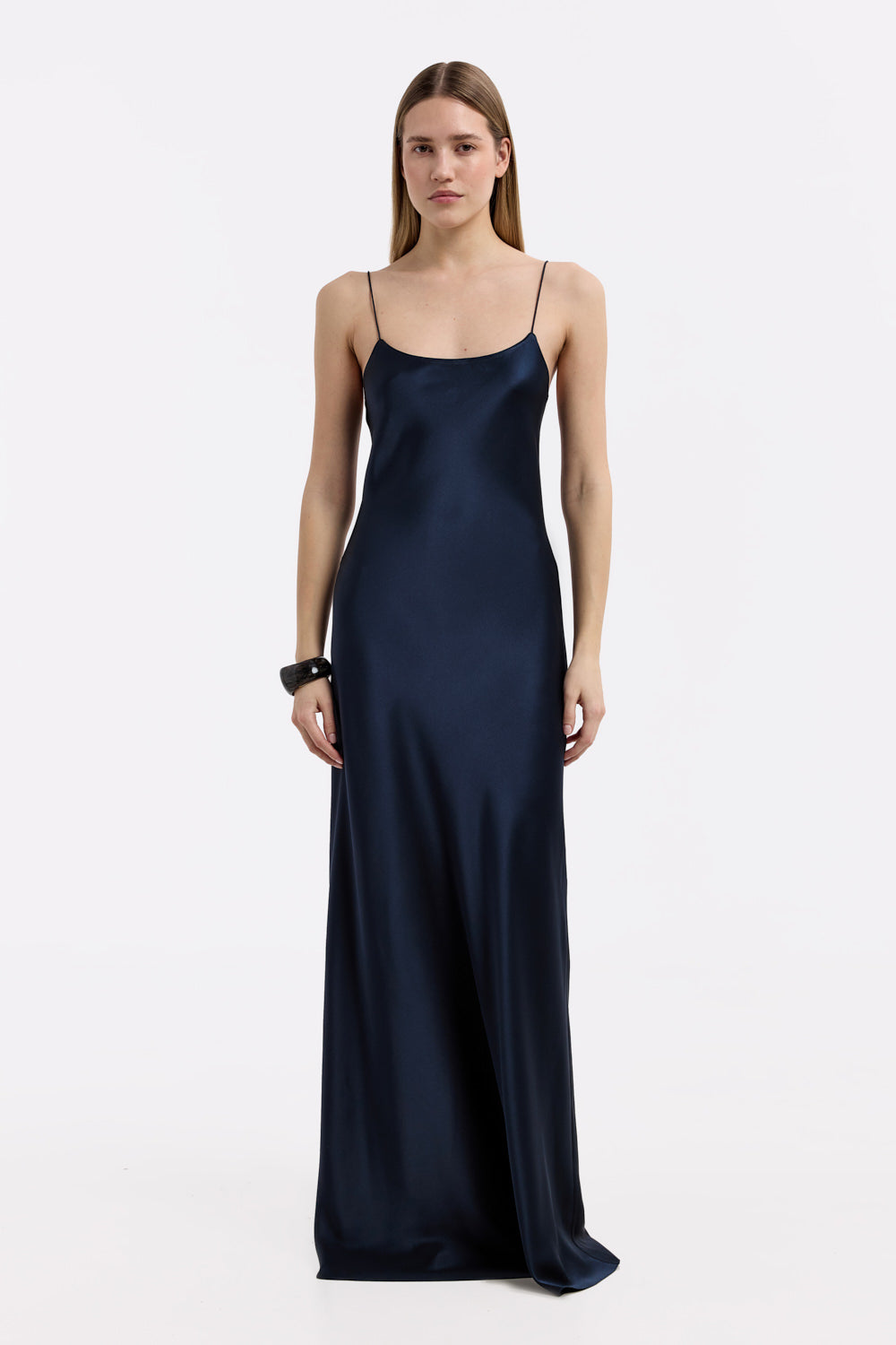 Elegant Navy Silk Satin Maxi Dress: Scoop Neck, Bias Cut, Luxurious Flow