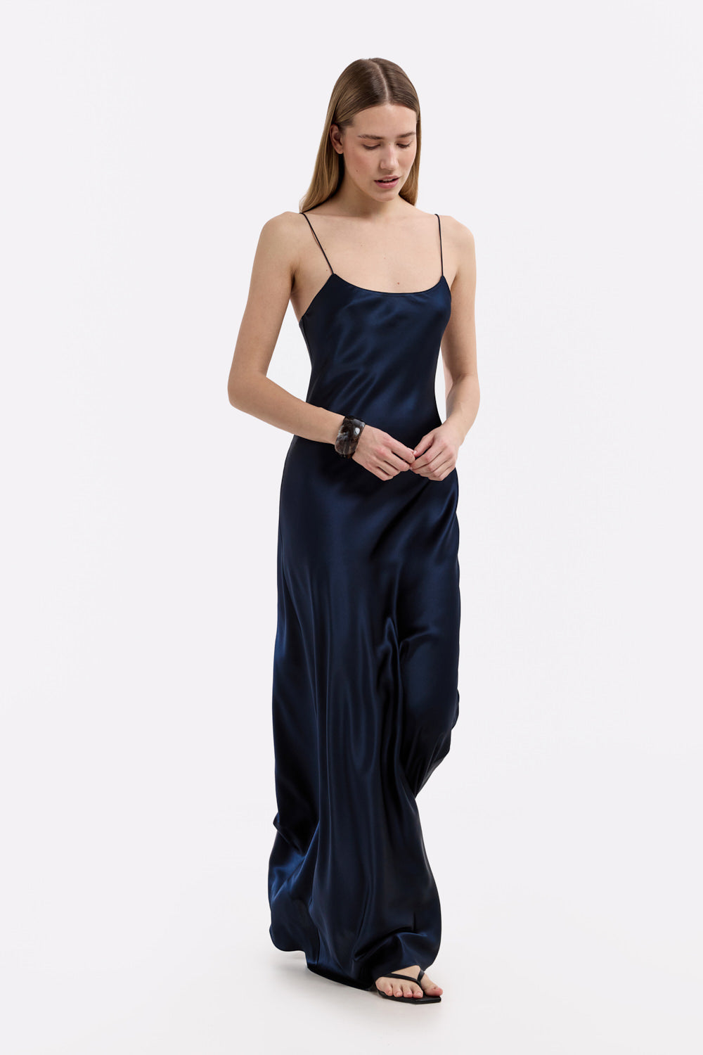 Elegant Navy Silk Satin Maxi Dress: Scoop Neck, Bias Cut, Luxurious Flow