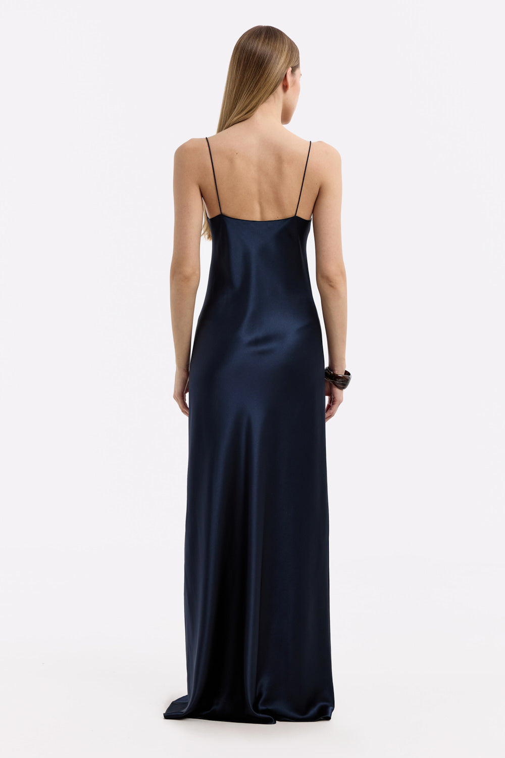 Elegant Navy Silk Satin Maxi Dress: Scoop Neck, Bias Cut, Luxurious Flow