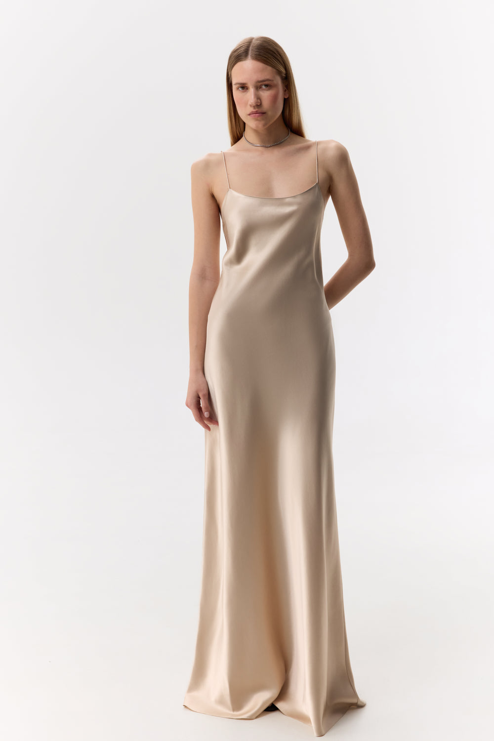 Luxurious Carolyn Pearl-Beige Silk-Satin Maxi Dress: Elegant Scoop Neck, Bias Cut