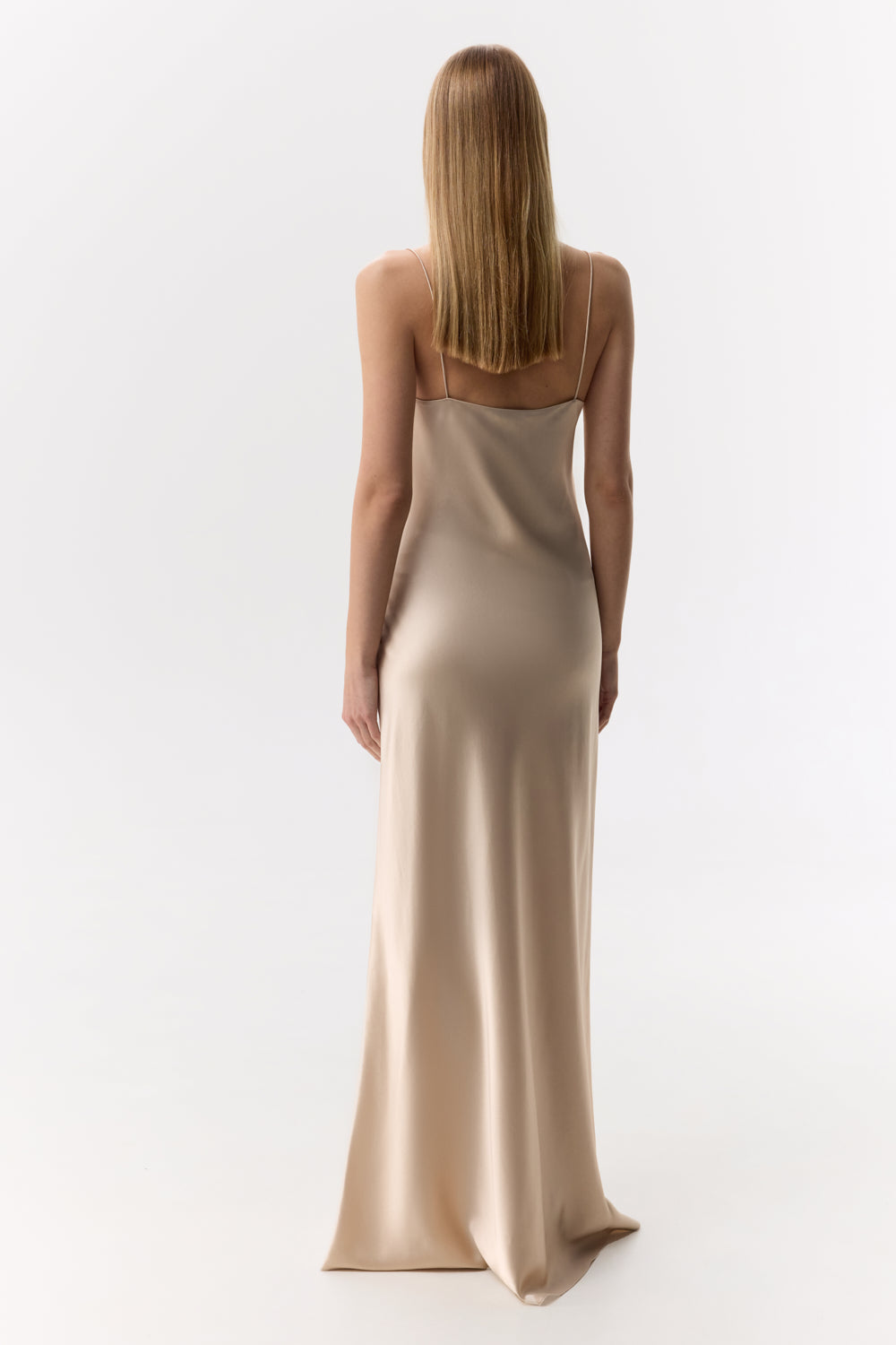 Luxurious Carolyn Pearl-Beige Silk-Satin Maxi Dress: Elegant Scoop Neck, Bias Cut