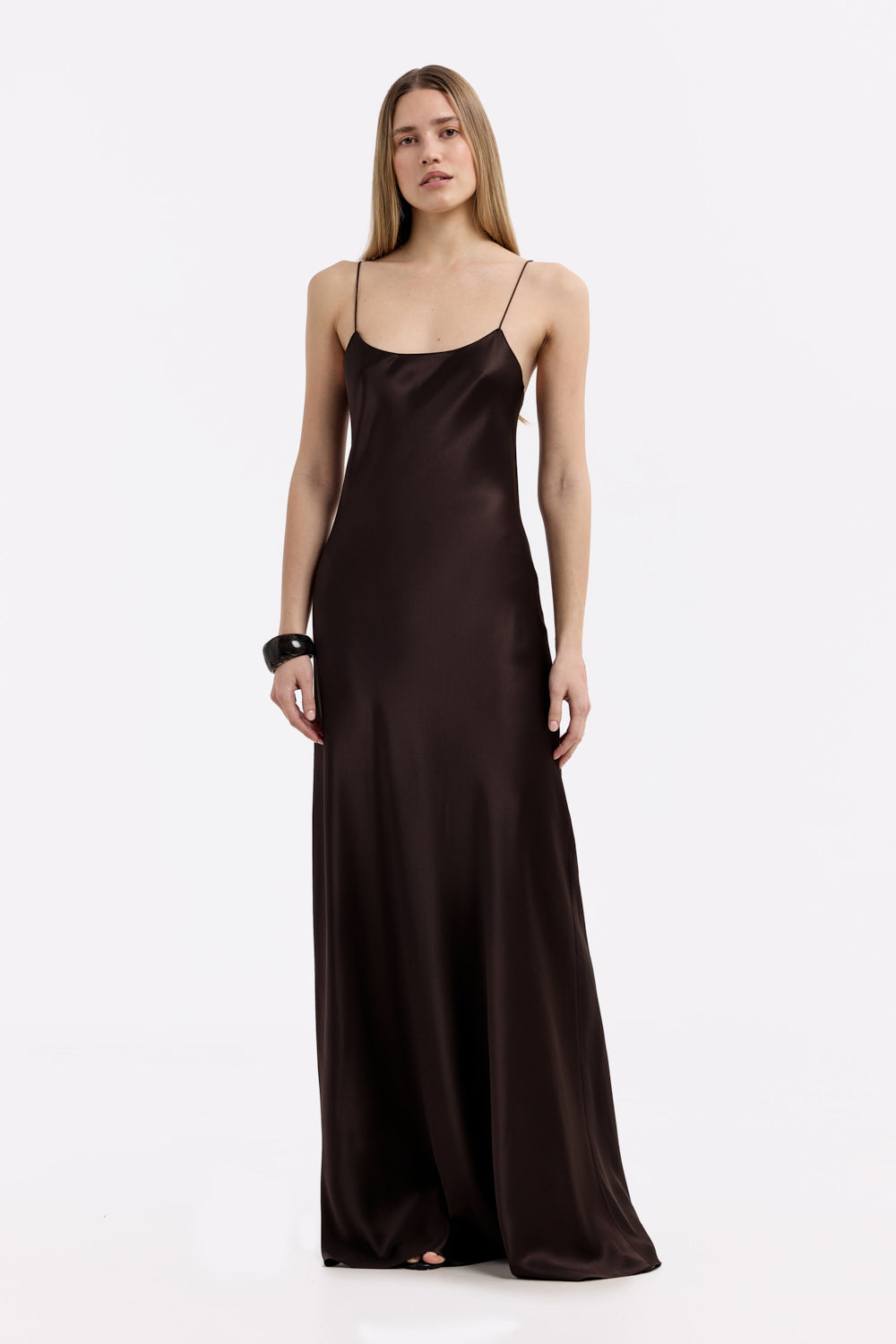 Luxurious Carolyn Espresso Silk Satin Maxi Dress - Elegant Scoop Neck Design