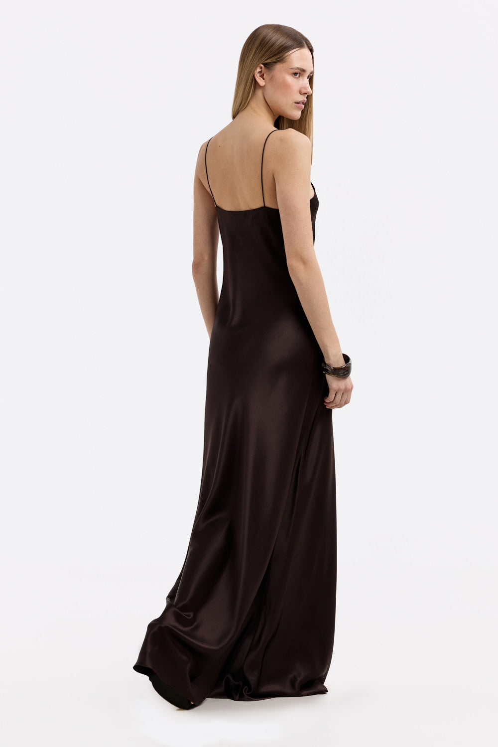 Luxurious Carolyn Espresso Silk Satin Maxi Dress - Elegant Scoop Neck Design