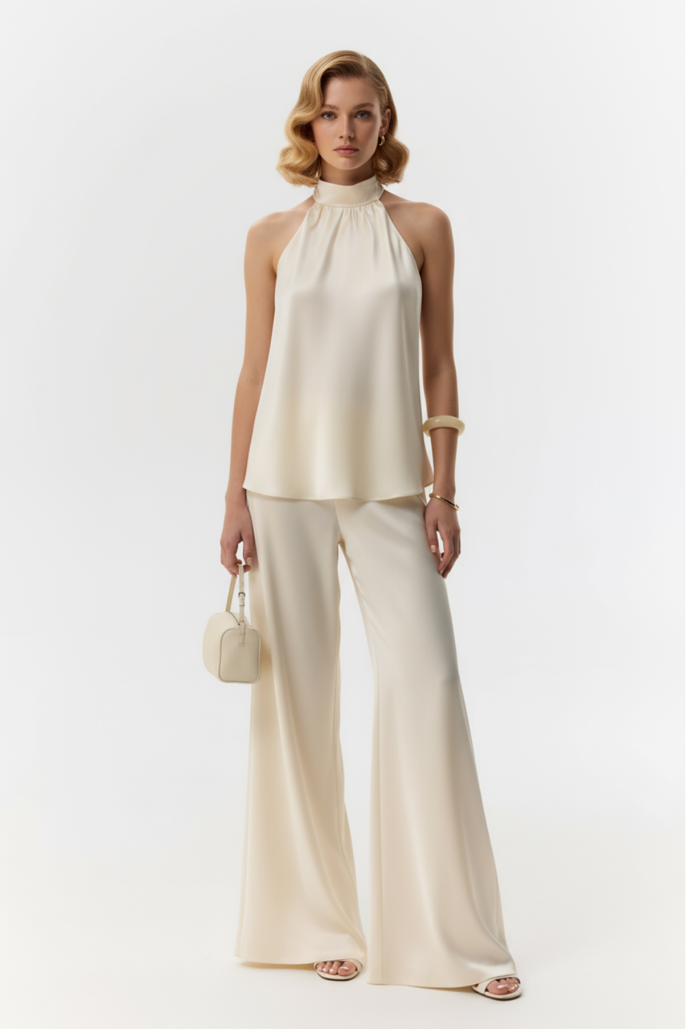 Amore Butter-Cream silk-satin backless halter-neck top
