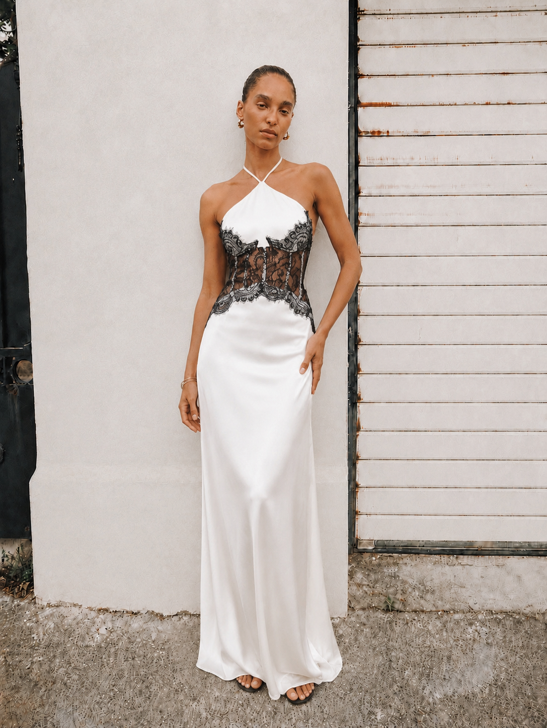 Yulia Satin Halter Lace Maxi Dress