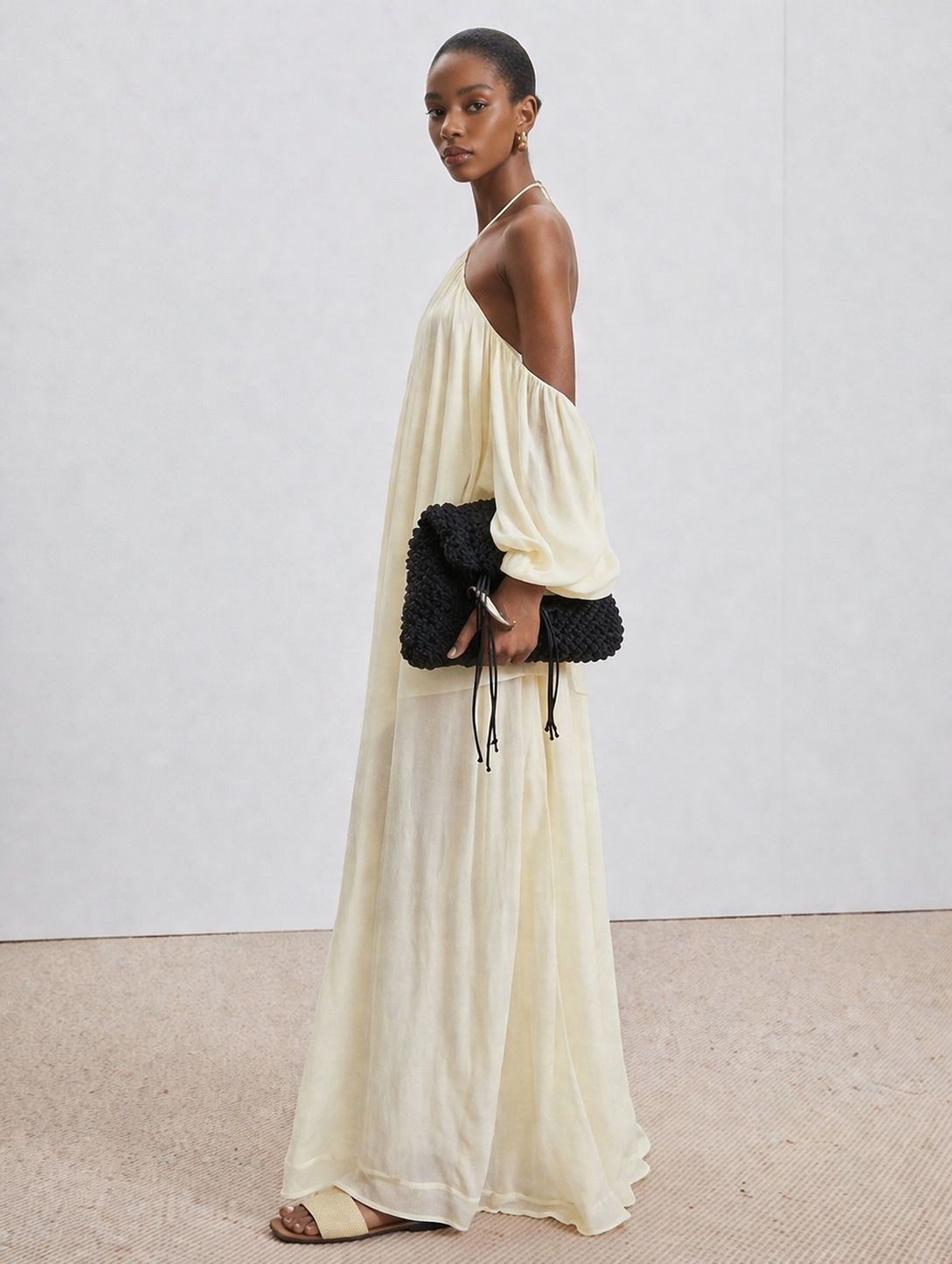 Butter Yellow Halter Neck Sheer Maxi Dress