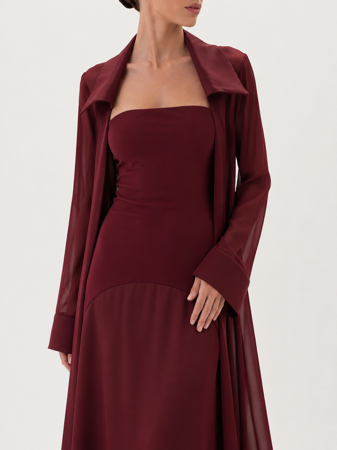 Amaya Satin Mesh Maxi Dress Set - Burgundy