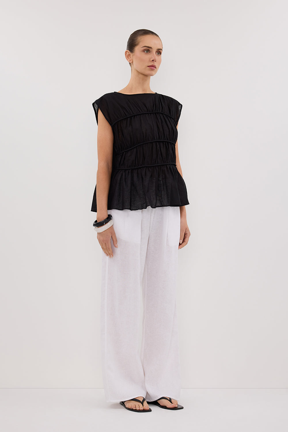 FLYNN BLACK LINEN TIERED TOP