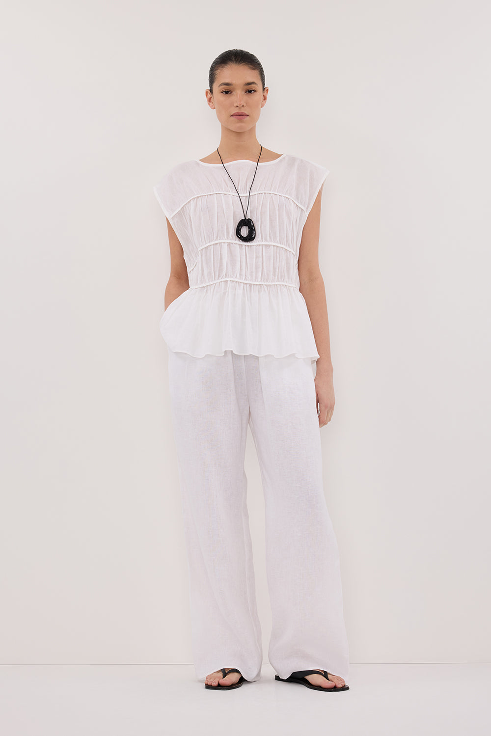 FLYNN WHITE LINEN BLEND TIERED TOP