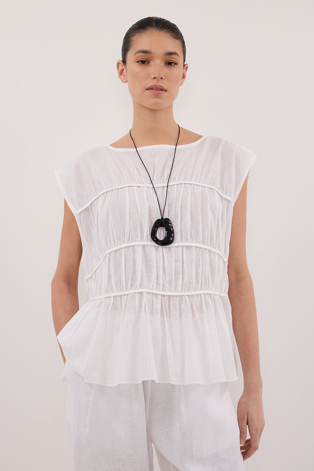 FLYNN WHITE LINEN BLEND TIERED TOP