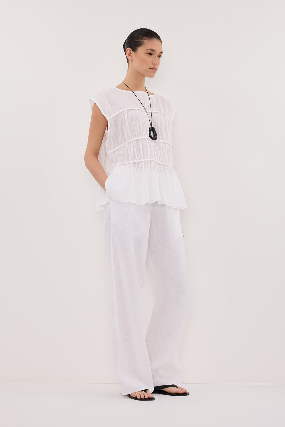 FLYNN WHITE LINEN BLEND TIERED TOP