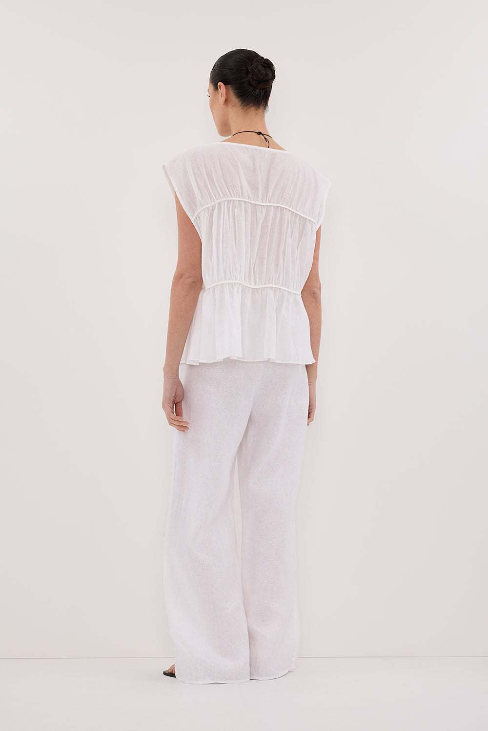 FLYNN WHITE LINEN BLEND TIERED TOP