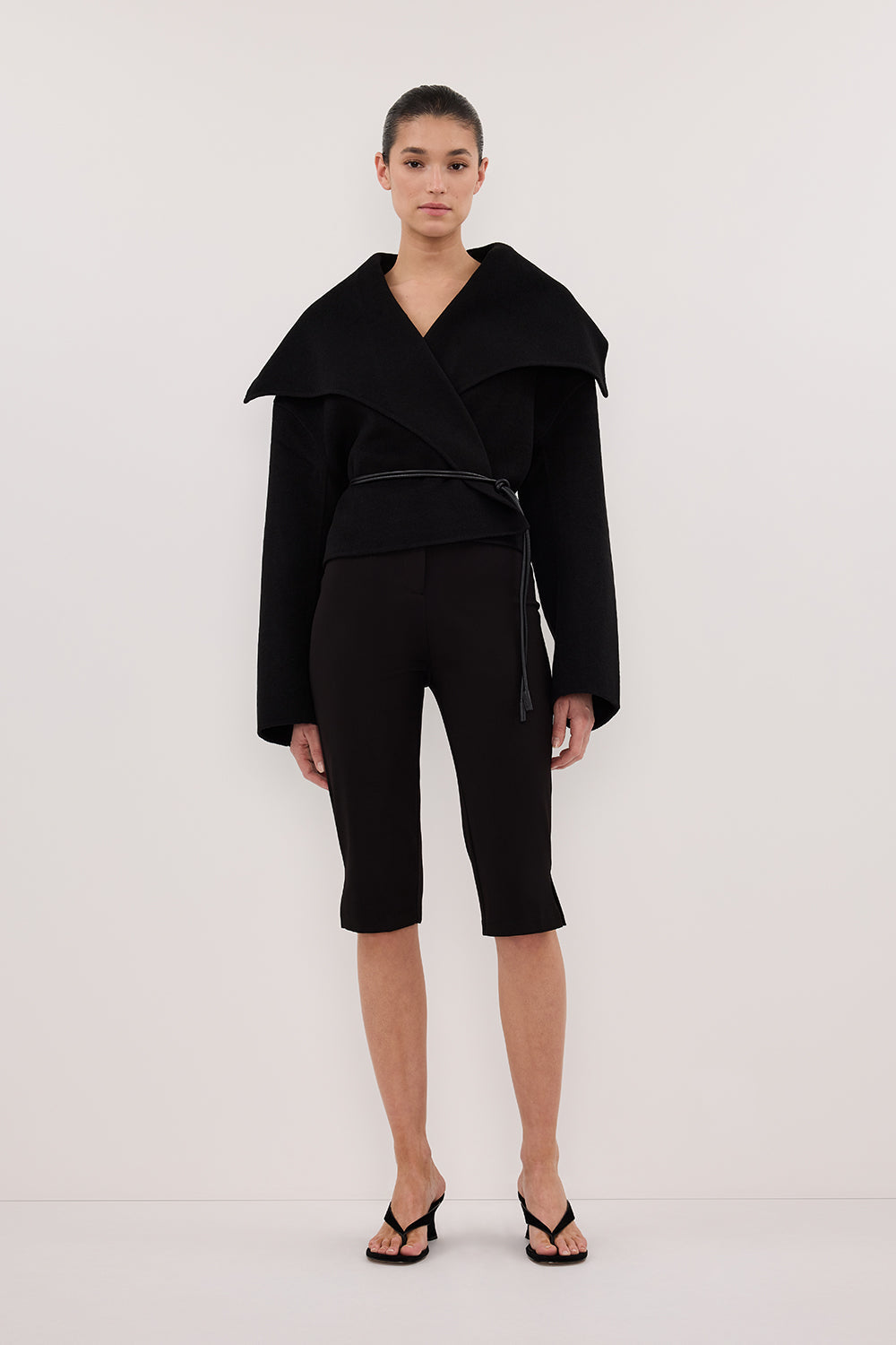 LUCIA BLACK CROPPED WOOL BLEND TRENCH COAT